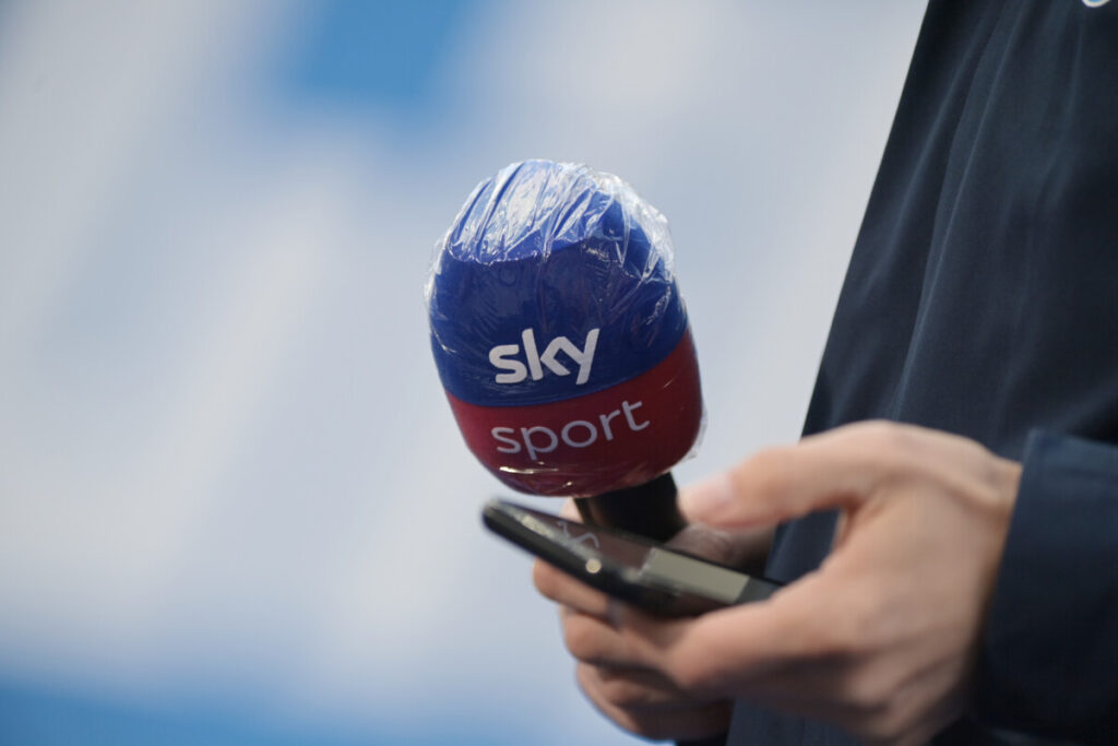 A Sky Sports microphone before a soccer match