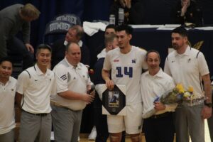 Andrew Blakey is honoured ahead of his final home game for Humber's men's volleyball team (Photo: Benedict Rhodes)