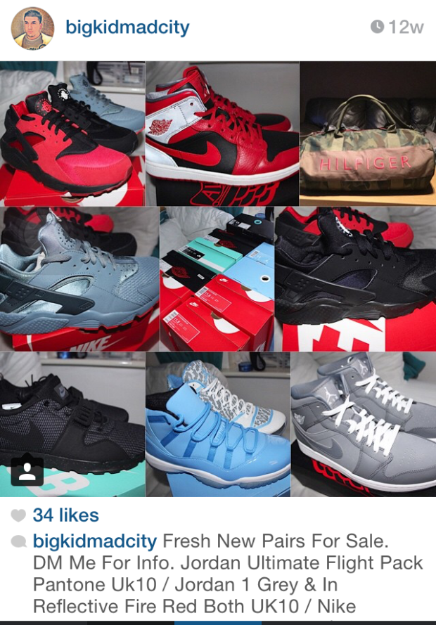 Instagram screen shot of a collage of shoes for sale.