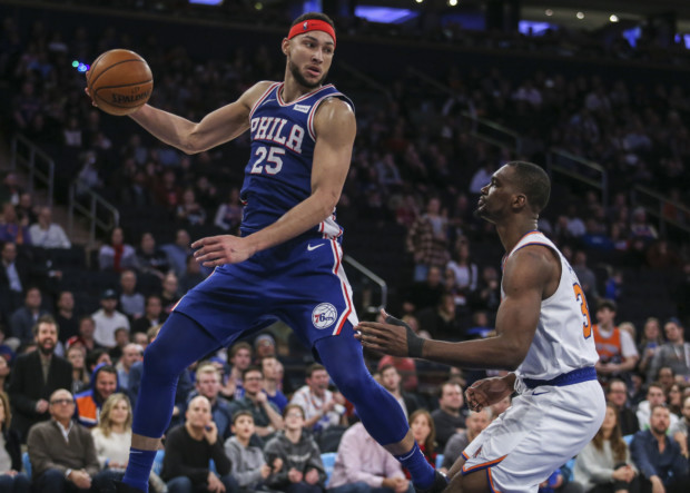 New York Knicks struggle without key players in a 108-105 loss against Philadelphia.