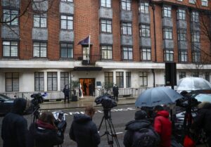 Members of the media gather outside King Edward VII's Hospital, where Britain's Prince Philip was admitted, in London, Britain, February 17, 2021. Photo by REUTERS/Hannah McKay
