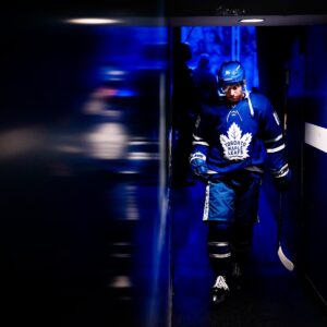 Mitch Marner walks down the tunnel to Leafs dressing room during intermission.
