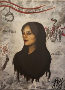 A painting of Mahsa Amini, in the background there are small drawings of situations at protests, including a group of women burning her hijabs.