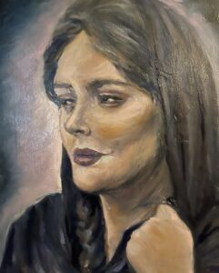 Painting of Mahsa Amini wearing black with her hand in a fist.