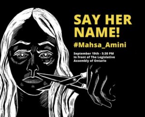 A black screen with a white drawing on top. The drawing is a woman with scissors in her hand cutting her hair. The text in yellow reads "Say her name! #Mahsa_Amini