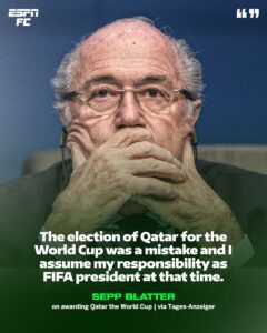 Medium shot photo of Sepp Blatter photo with his hands over his mouth, with a quote from him.
