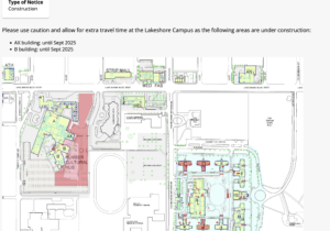 This image is a screenshot taken from Humber College that shows the latest construction blueprints. The screenshot displays how much space the Cultural Hub is occupying. The project takes up roughly half of the available parking spots. The project also cuts off a trail that connects both major parts of the campus.