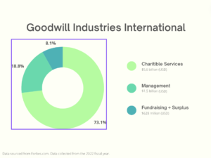 A green and blue circle graph labelled "Goodwill Industries International". The largest part of the circle is lime green and  labelled "Charitable Services" and takes up 73 per cent of the graph. The next largest part of the circle is a darker green and labelled "Management" and takes up 18 per cent of the circle. The smallest part of the circle is teal and labelled "Fundraising and Surplus" and takes up 8 per cent of the circle.
